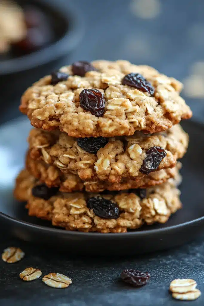 Close-up of oatmeal raisin cookies in a glass jar with a clean background