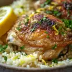 Close-up of one pot chicken rice with lemon, garnished with herbs