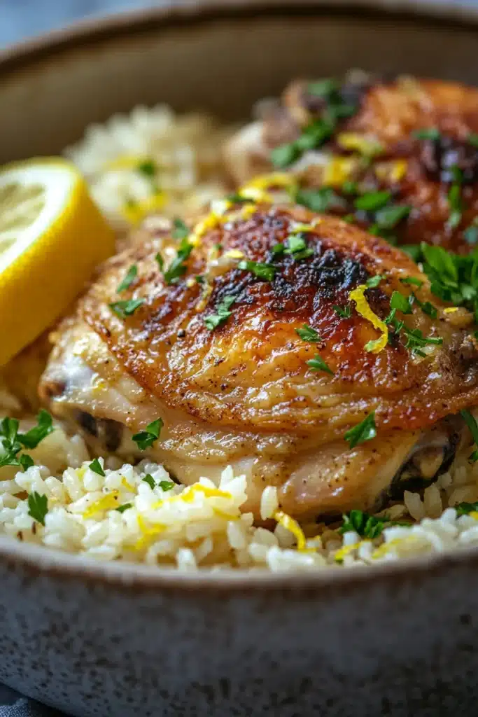 Close-up of one pot chicken rice with lemon, garnished with herbs