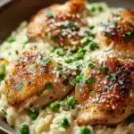 Close-up of one pot creamy chicken and rice with bright, warm lighting.