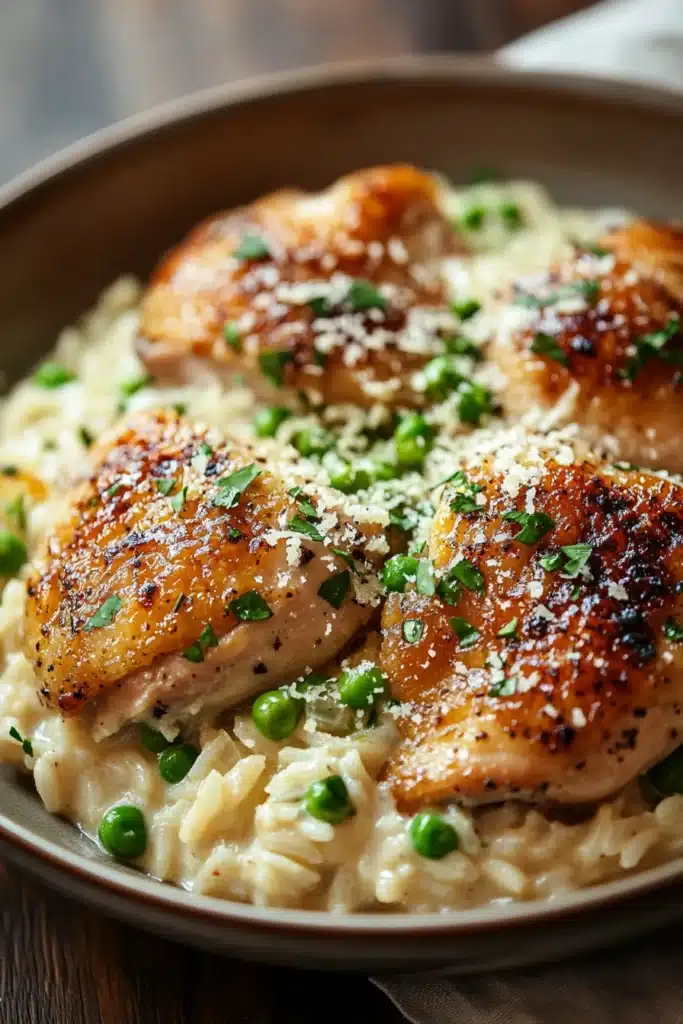 Close-up of one pot creamy chicken and rice with bright, warm lighting.