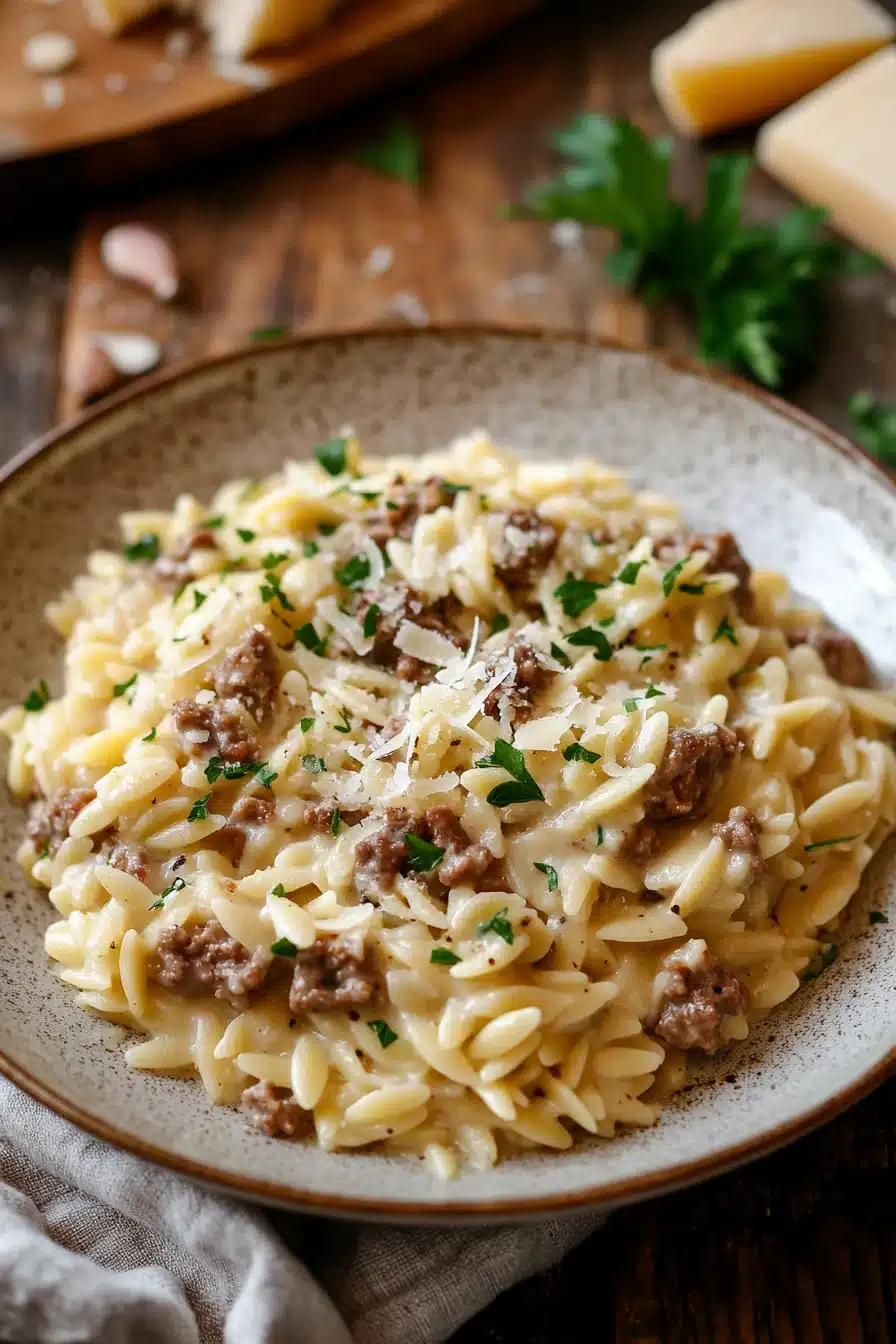 Close-up of one pot creamy orzo and beef with a warm, appetizing presentation.