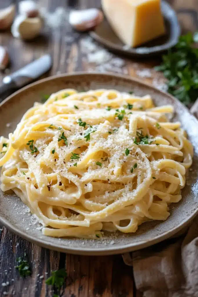 Close-up of creamy garlic cheese pasta with a sprinkle of herbs