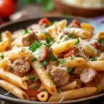 Close-up of one pot Italian sausage penne with creamy sauce and herbs in a white bowl.
