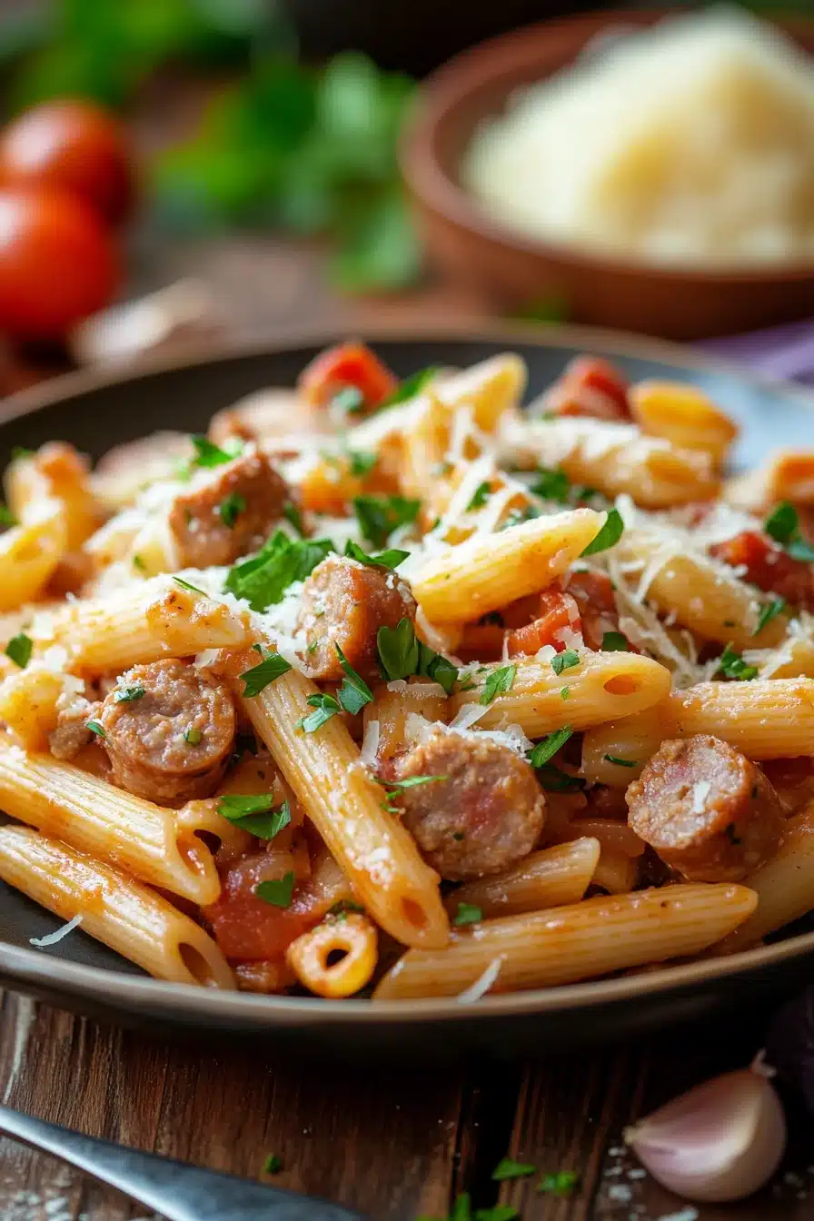 Close-up of one pot Italian sausage penne with creamy sauce and herbs in a white bowl.