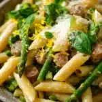 Close-up of one pot lemon basil asparagus and sausage pasta with bright colors