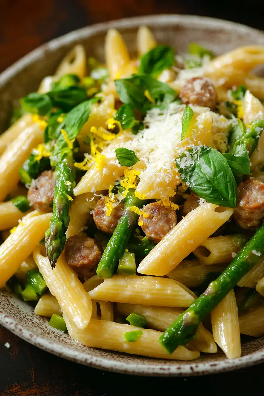 Close-up of one pot lemon basil asparagus and sausage pasta with bright colors