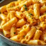 Close-up of creamy one pot paprika pasta garnished with herbs in a white bowl.