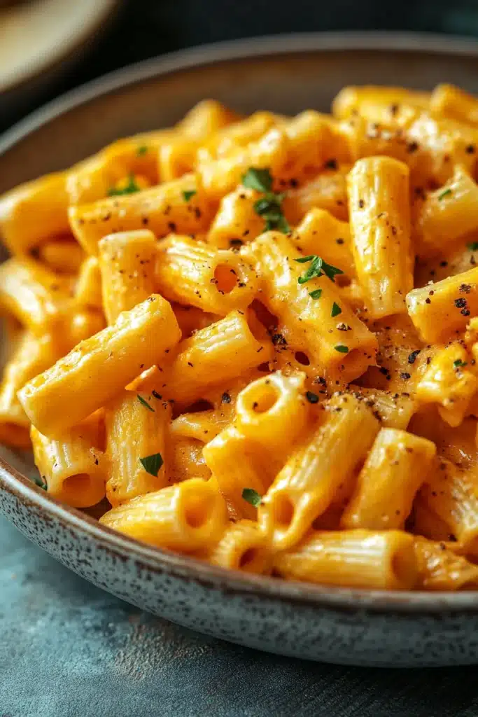 Close-up of creamy one pot paprika pasta garnished with herbs in a white bowl.