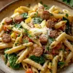 Close-up of one pot pasta and sausage with a creamy sauce, garnished with herbs.