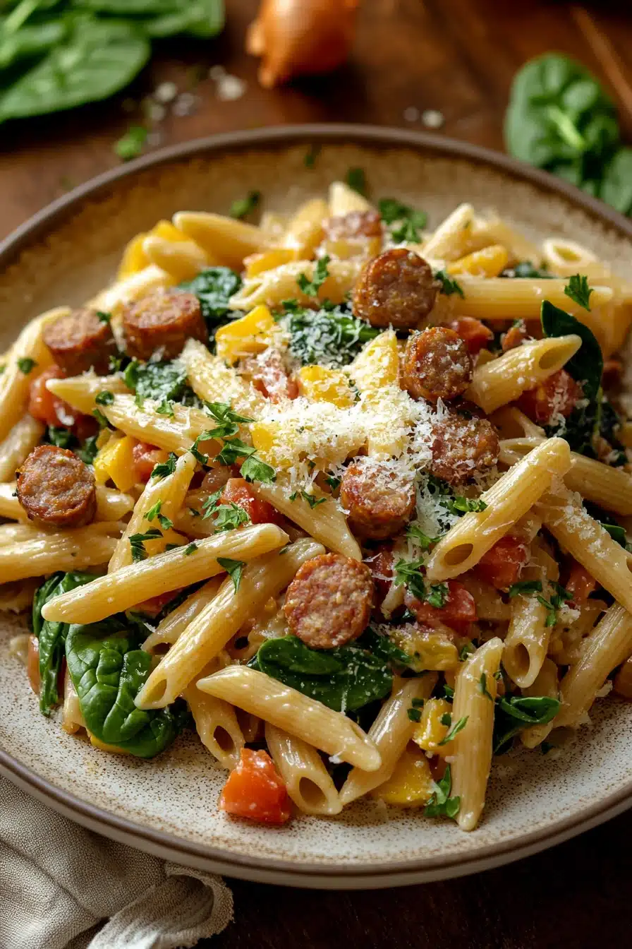 Close-up of one pot pasta and sausage with a creamy sauce, garnished with herbs.