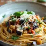Close-up of one pot pasta with creamy sauce and herbs on a clean background