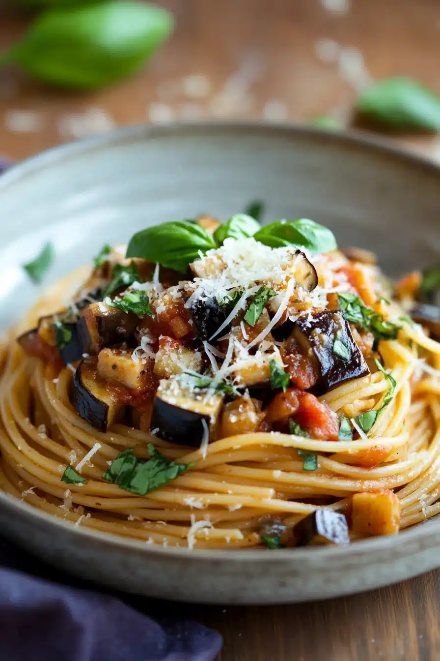 Close-up of one pot pasta with creamy sauce and herbs on a clean background