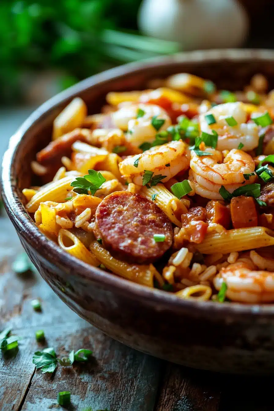 Close-up of a one pot pasta jambalaya with visible ingredients and bright natural lighting.