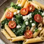 Close-up of creamy pasta with spinach, tomatoes, and feta cheese in a white bowl.