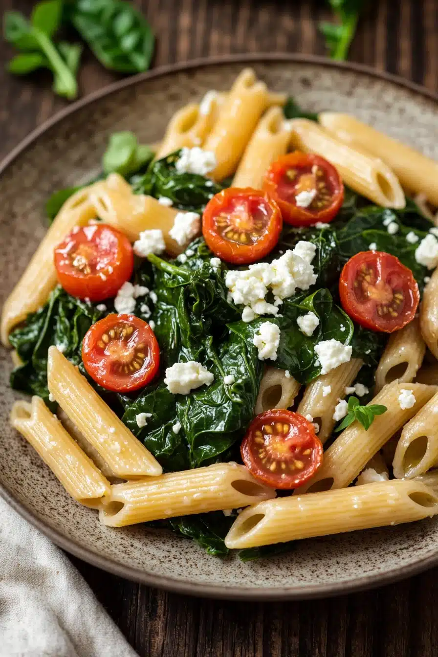 Close-up of creamy pasta with spinach, tomatoes, and feta cheese in a white bowl.