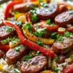 Close-up of one pot sausage peppers and rice with vibrant colors and textures
