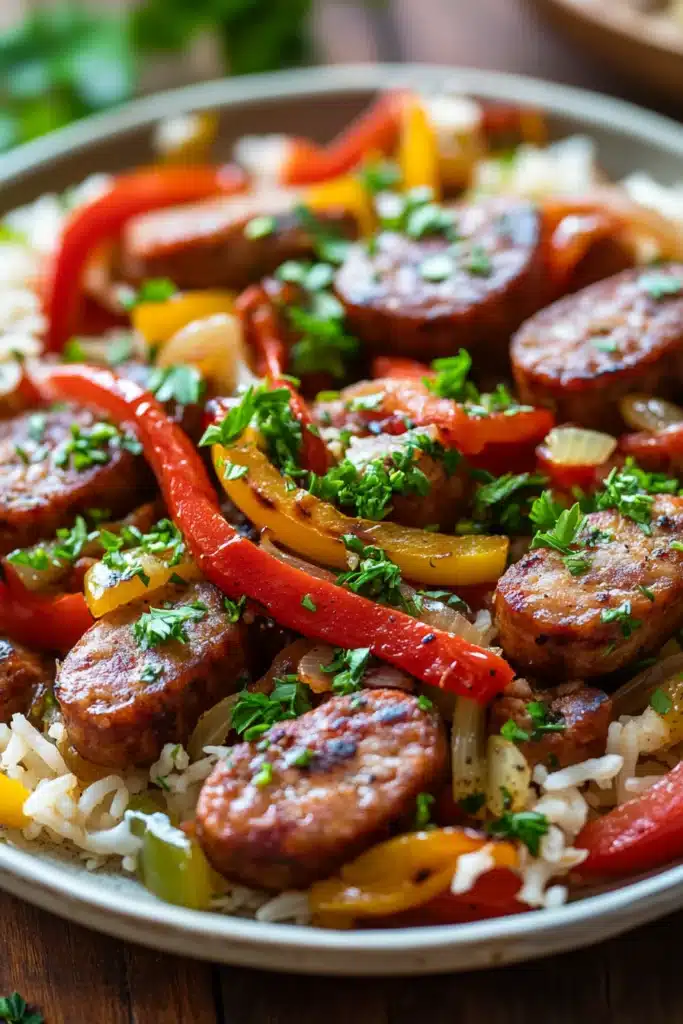 Close-up of one pot sausage peppers and rice with vibrant colors and textures