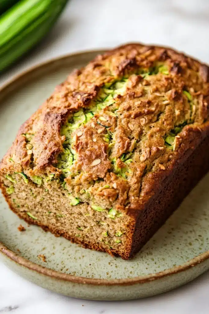 Close-up of paleo zucchini bread with a golden crust, served on a clean white plate.
