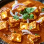 Close-up of paneer tikka masala with creamy sauce and vibrant spices