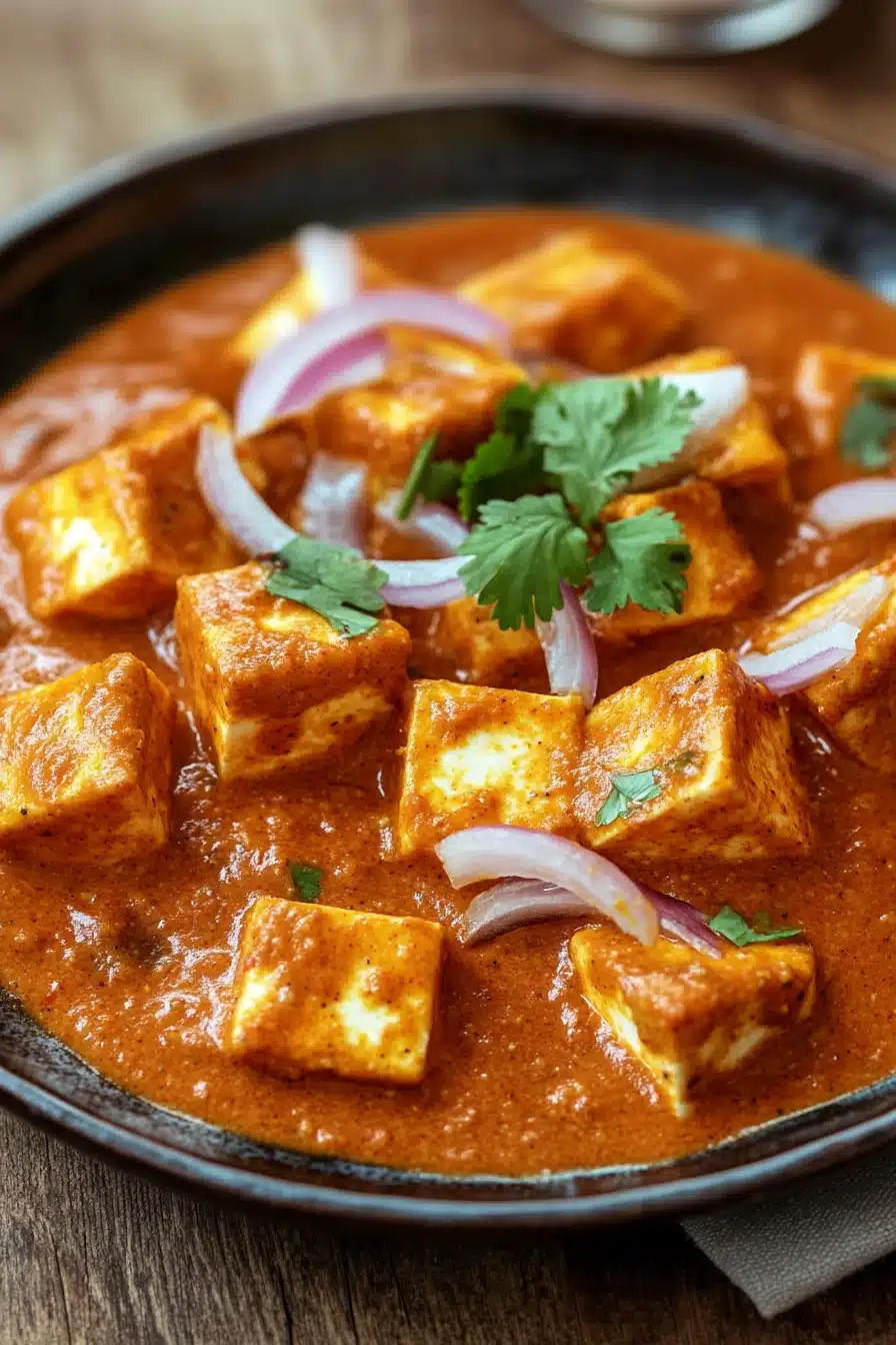 Close-up of paneer tikka masala with creamy sauce and vibrant spices