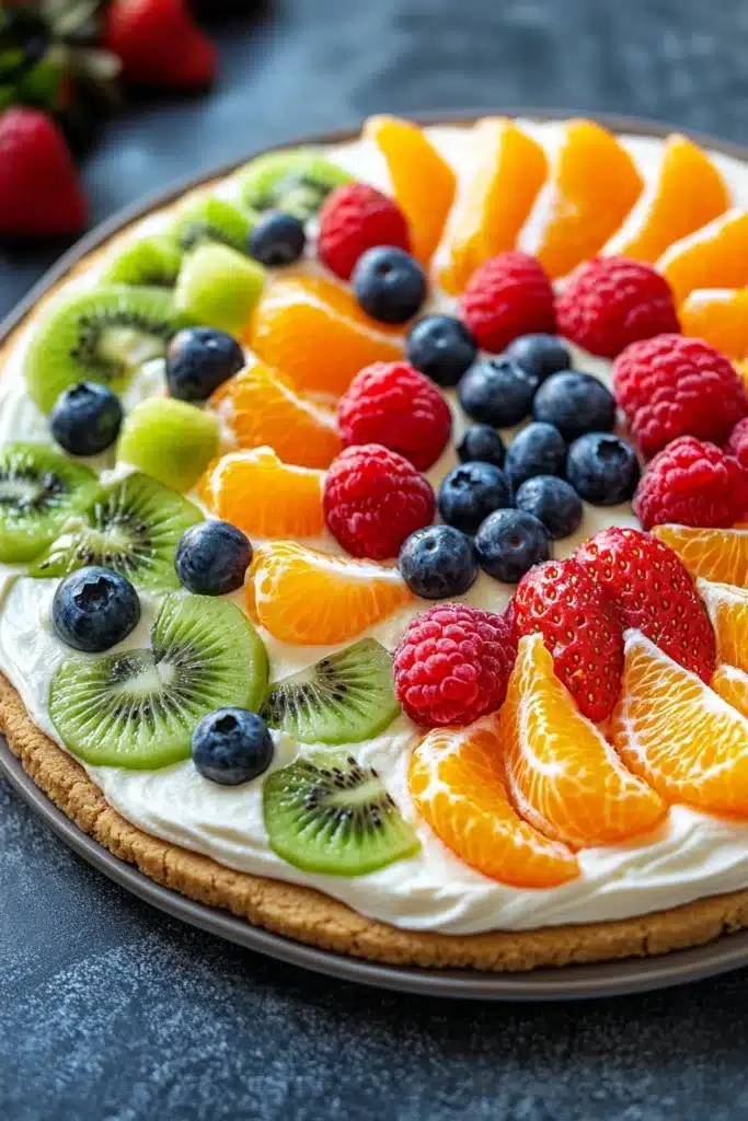 Close-up of a peanut butter cookie fruit pizza with vibrant fruits on top