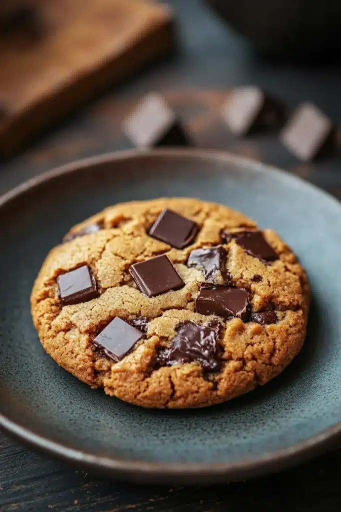 Close-up of a peanut butter cookie with chocolate chip on a clean background