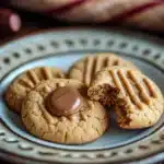 Close-up of peanut butter cookies topped with chocolate kisses on a wooden surface.