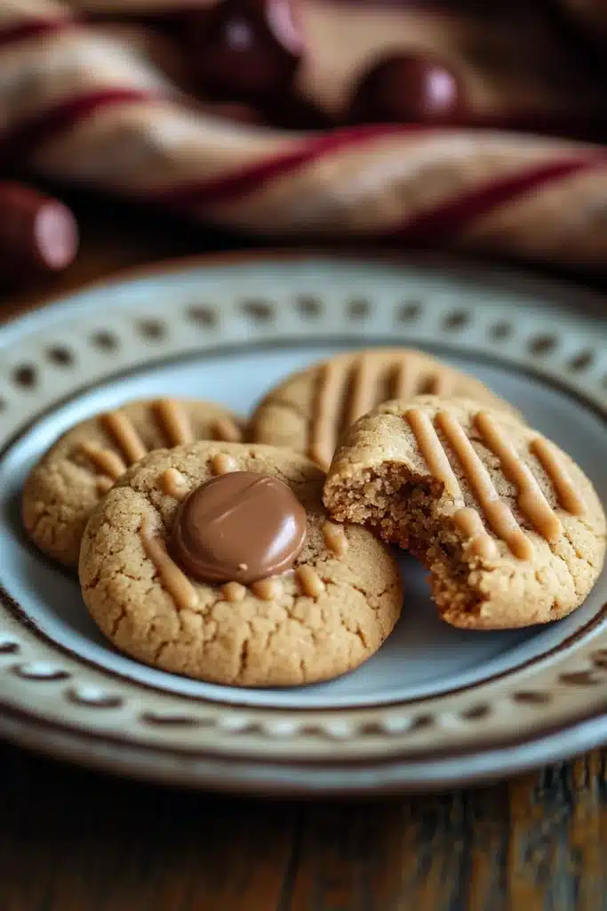 Close-up of peanut butter cookies topped with chocolate kisses on a wooden surface.
