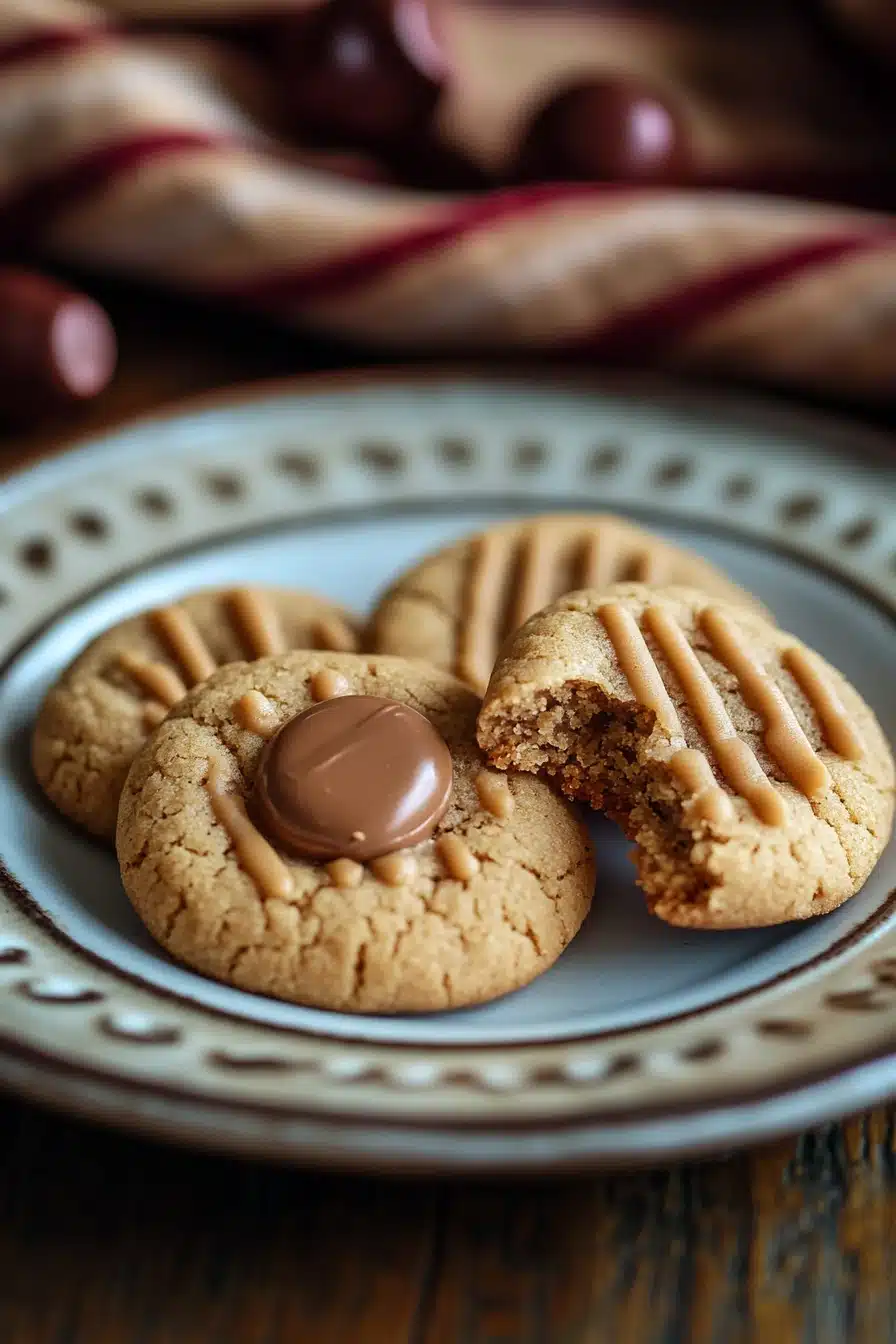 Close-up of peanut butter cookies topped with chocolate kisses on a wooden surface.