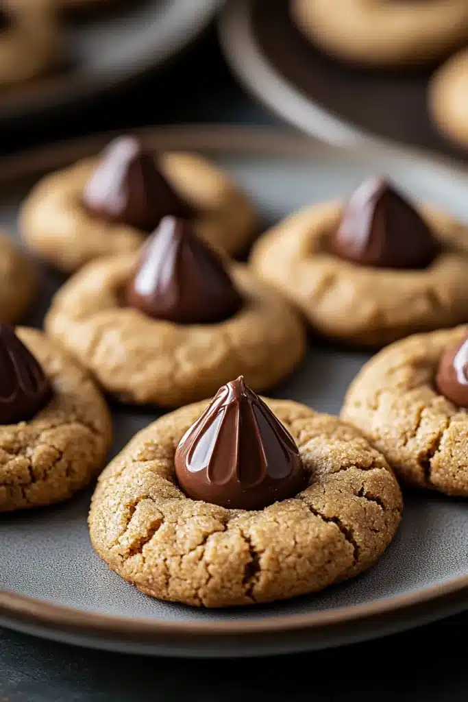 Close-up of peanut butter Hershey kiss cookies on a clean background