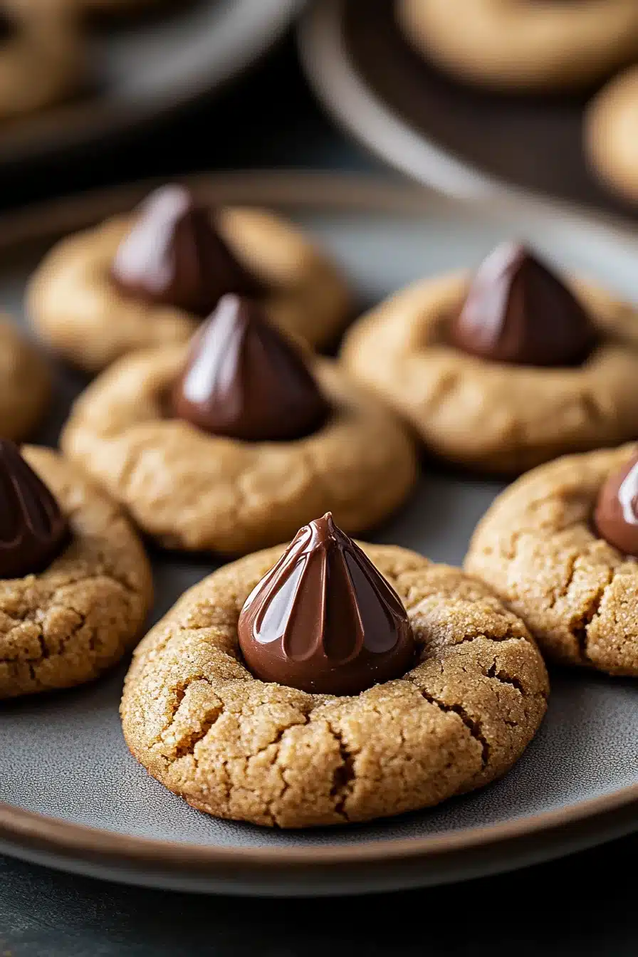 Close-up of peanut butter Hershey kiss cookies on a clean background