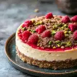 Close-up of Pistachio Raspberry Crunch Cheesecake with vibrant raspberries and crunchy pistachios.