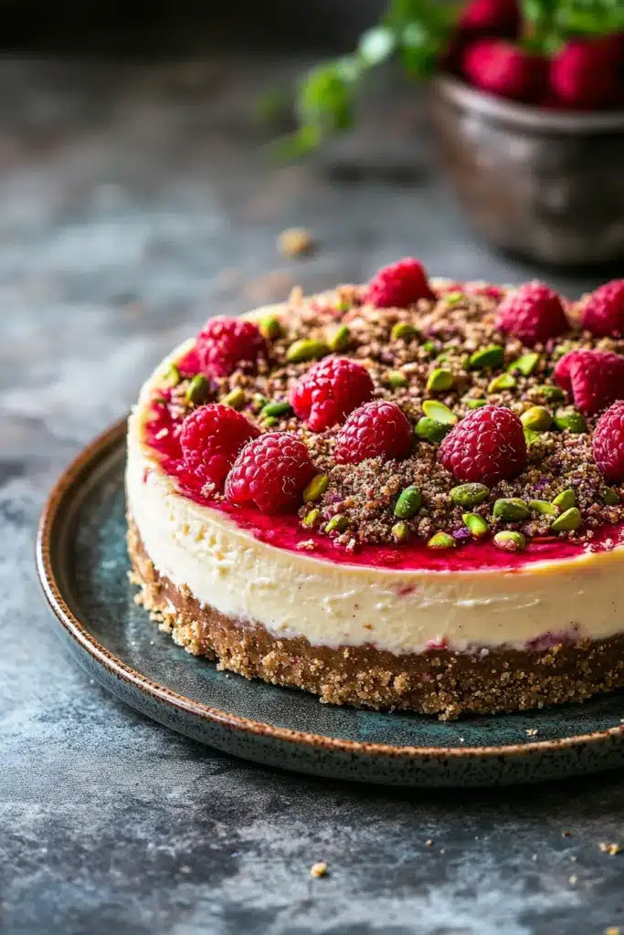 Close-up of Pistachio Raspberry Crunch Cheesecake with vibrant raspberries and crunchy pistachios.