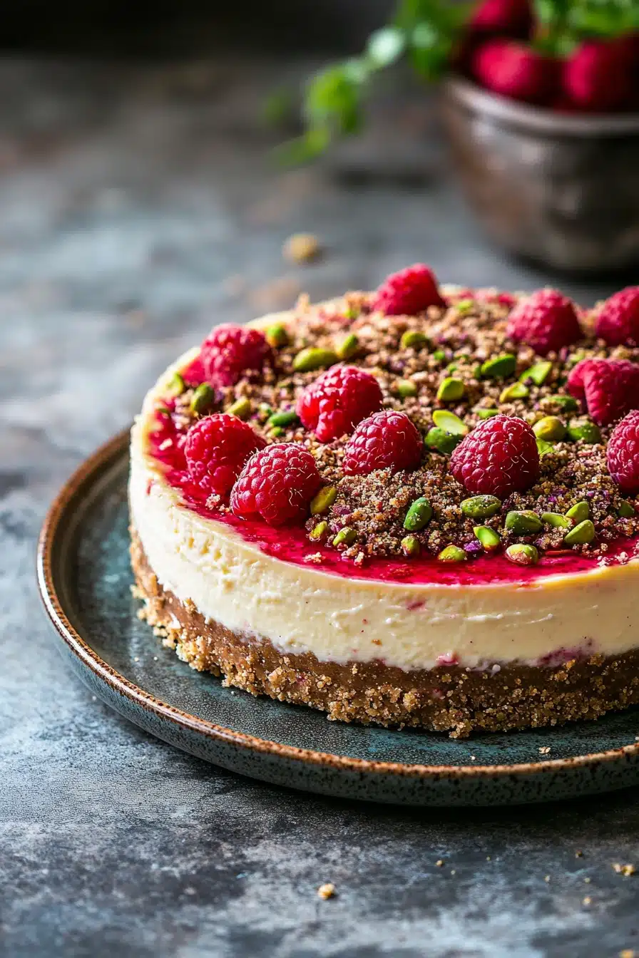 Close-up of Pistachio Raspberry Crunch Cheesecake with vibrant raspberries and crunchy pistachios.