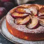 Close-up of a plum cake allo yogurt giallo zafferano with a golden crust and minimal background.