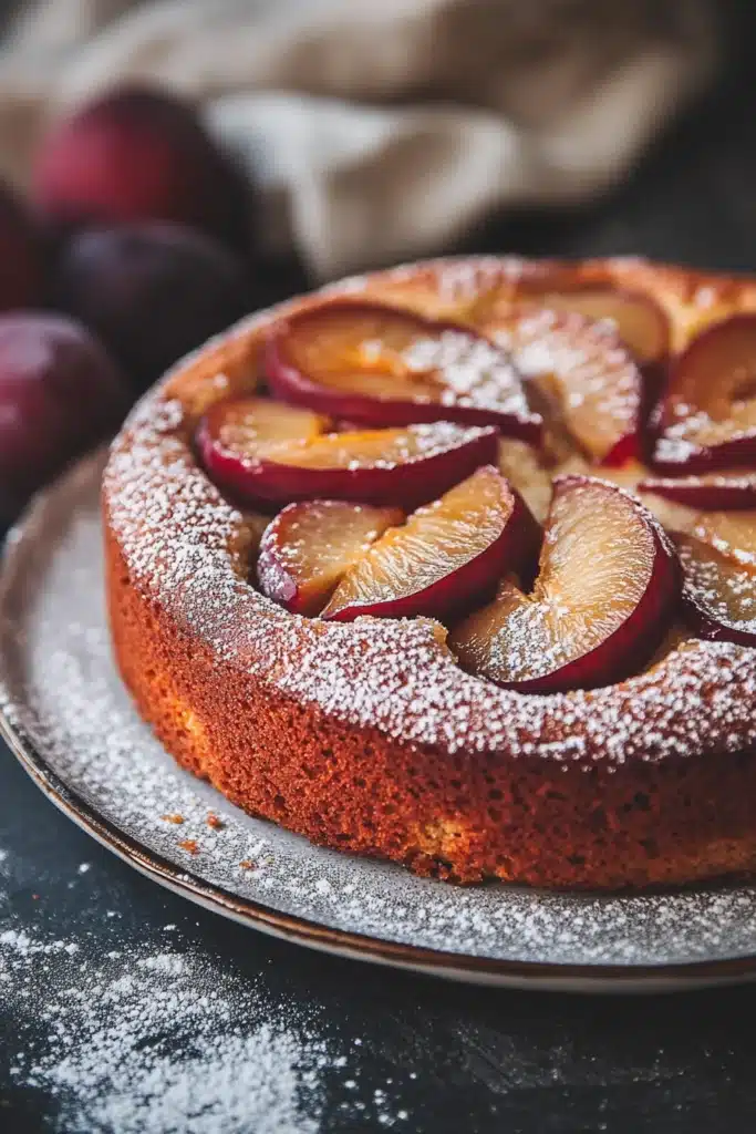 Close-up of a plum cake allo yogurt giallo zafferano with a golden crust and minimal background.