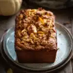 Close-up of freshly baked pumpkin apple bread with a golden crust.