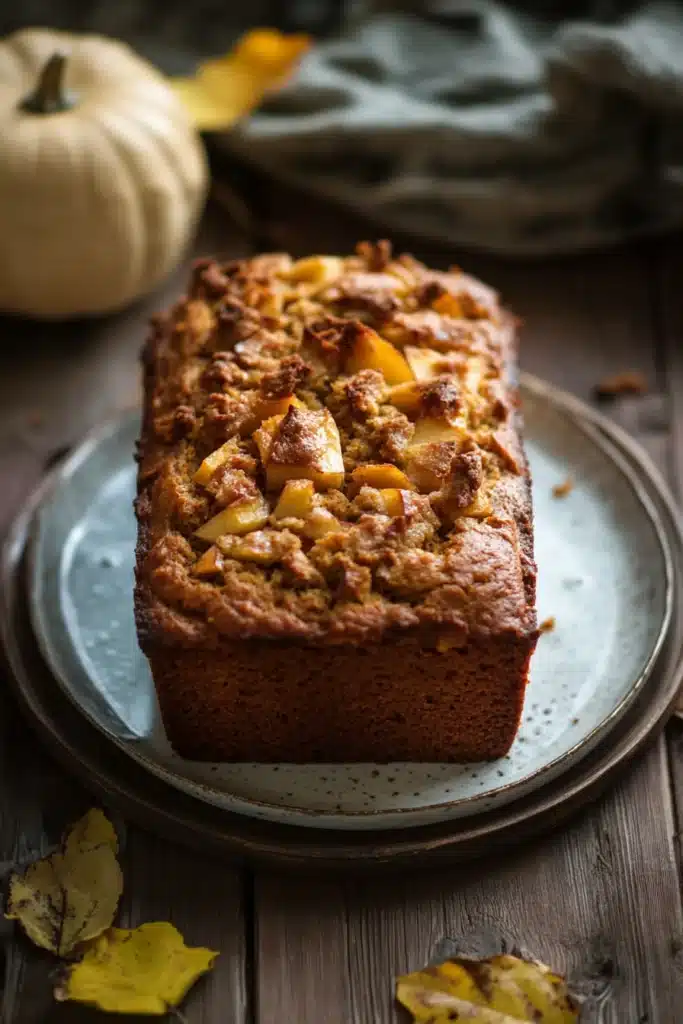Close-up of freshly baked pumpkin apple bread with a golden crust.