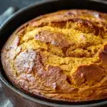 Close-up of freshly baked pumpkin bread in a Dutch oven with a golden crust.