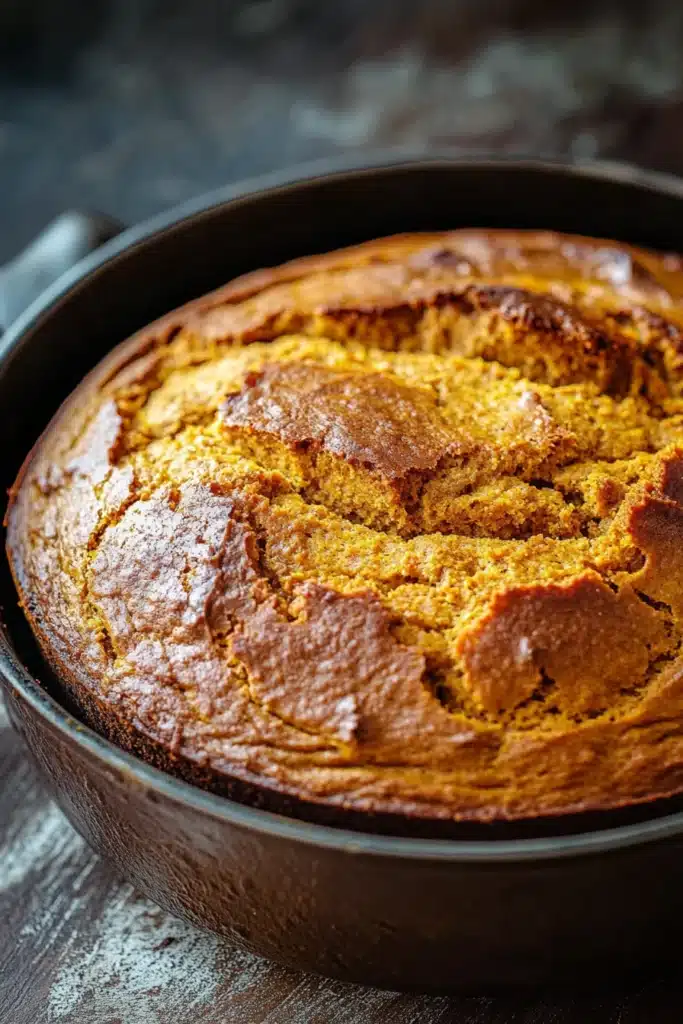 Close-up of freshly baked pumpkin bread in a Dutch oven with a golden crust.
