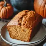 Close-up of freshly baked pumpkin bread with a golden crust, showcasing its texture and color.