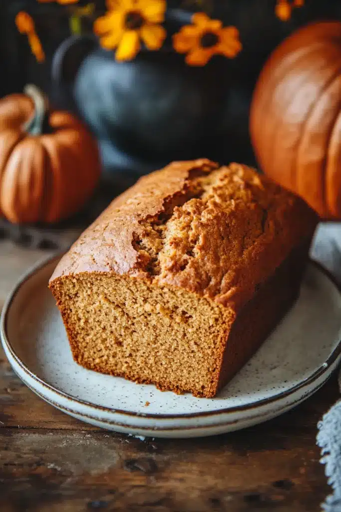 Close-up of freshly baked pumpkin bread with a golden crust, showcasing its texture and color.