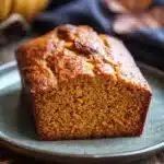 Close-up of freshly baked pumpkin bread with a golden crust on a wooden board.