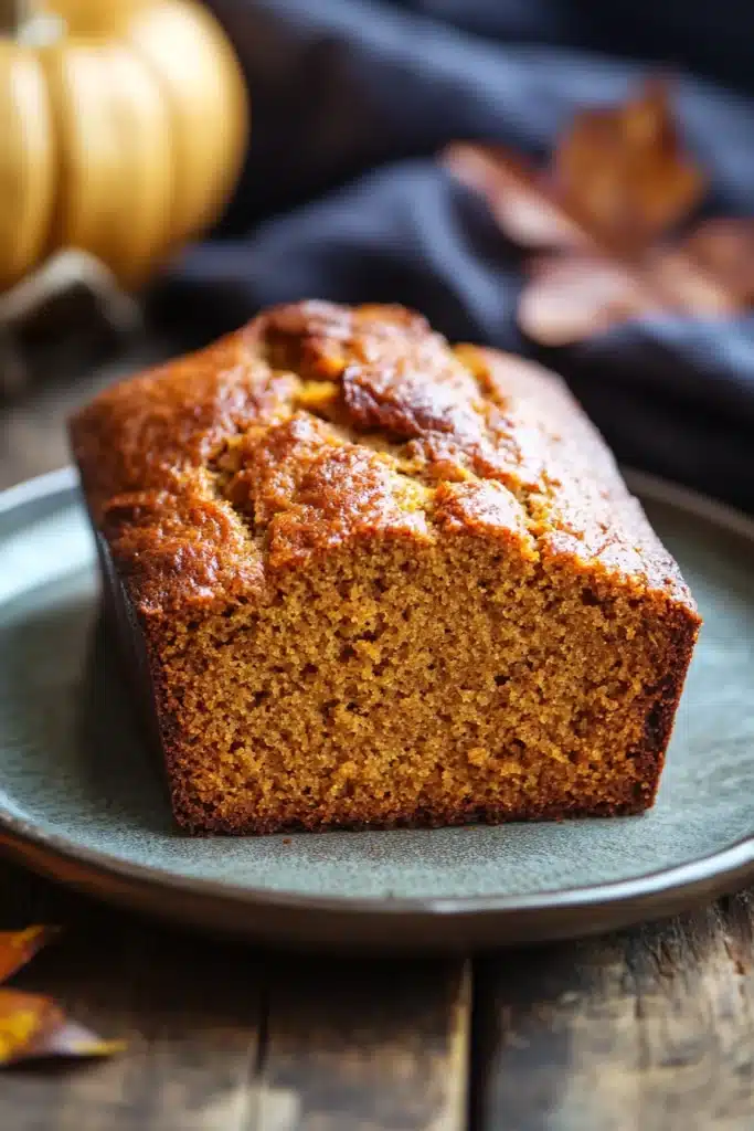 Close-up of freshly baked pumpkin bread with a golden crust on a wooden board.