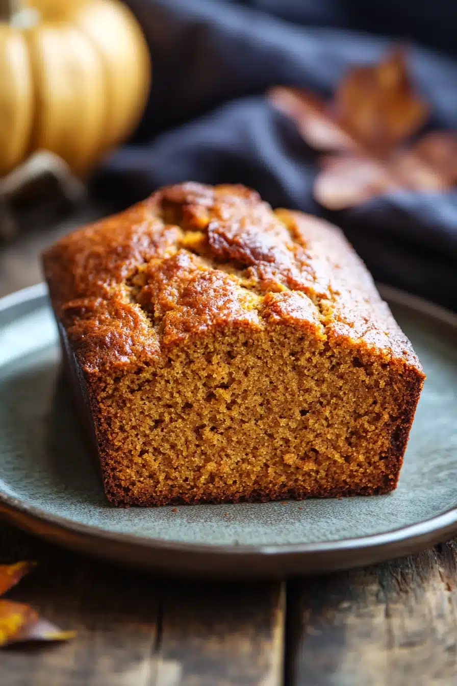 Close-up of freshly baked pumpkin bread with a golden crust on a wooden board.