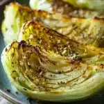 Close-up of roasted cabbage with crispy edges and a clean background