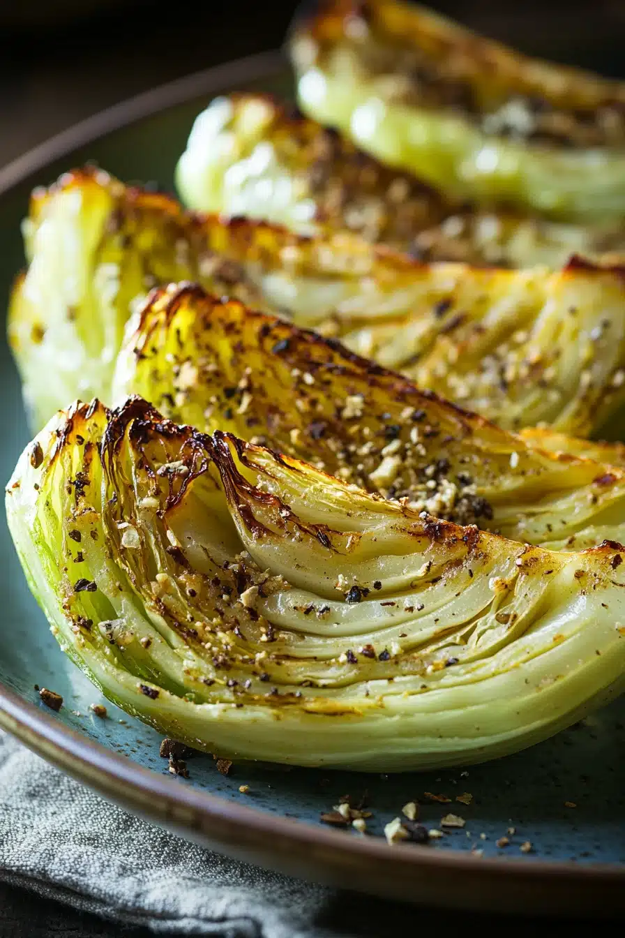 Close-up of roasted cabbage with crispy edges and a clean background