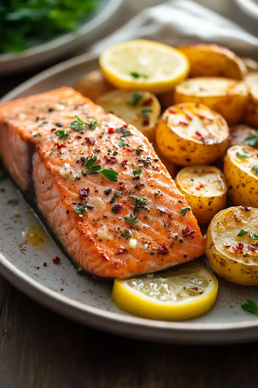 Close-up of a salmon and potato dinner with bright natural lighting