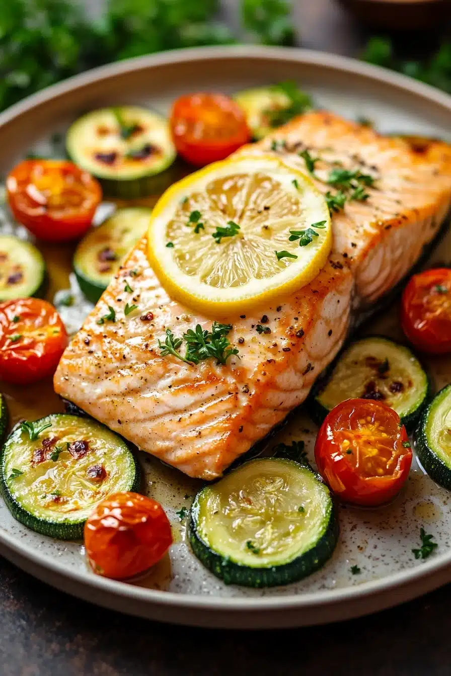 Close-up of a salmon sheet pan dinner with zucchini and lemon slices on a baking tray.